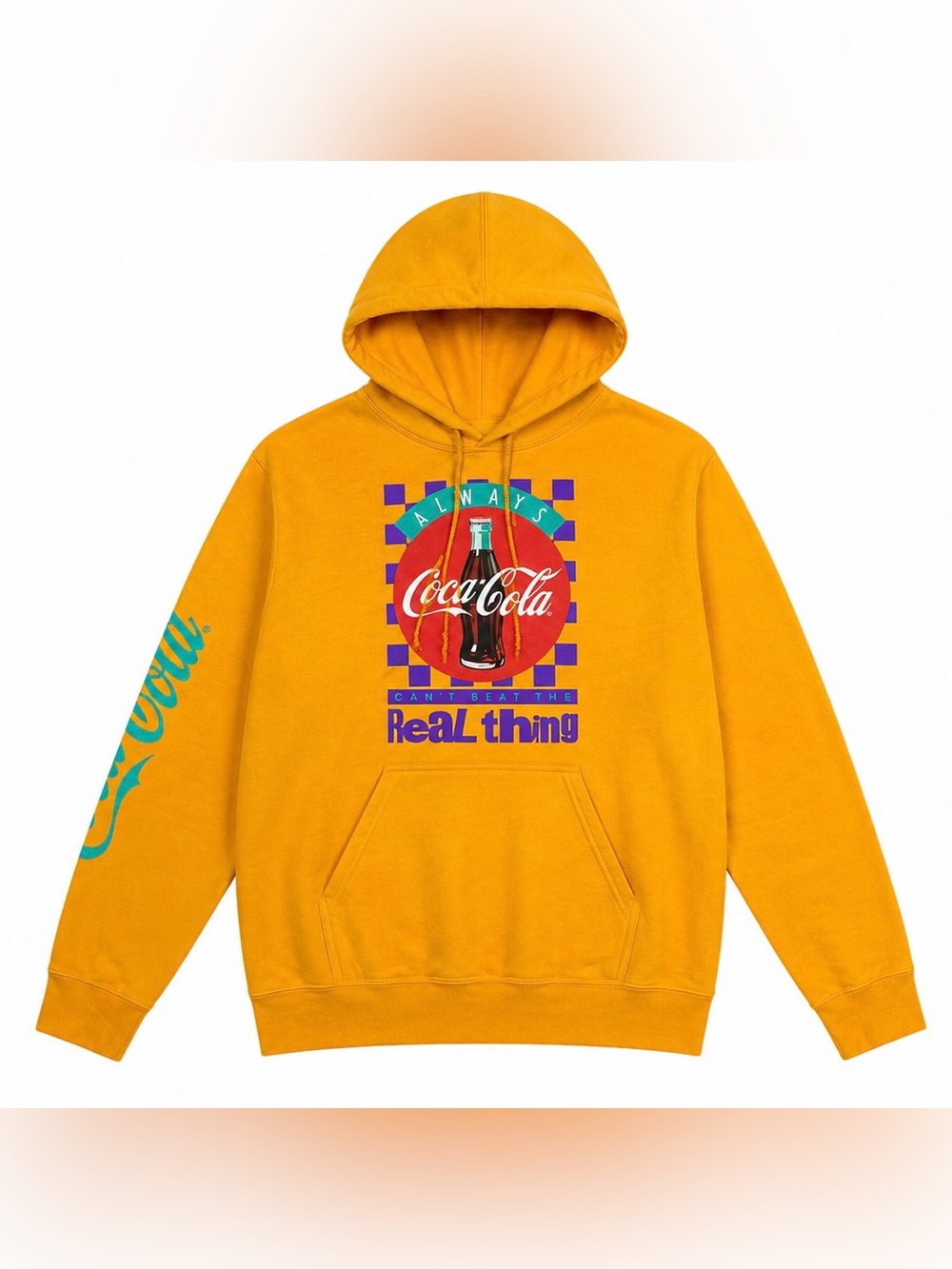 Coca Cola Men's Yellow Vintage Style Graphic Hoodie with Multicolor Print